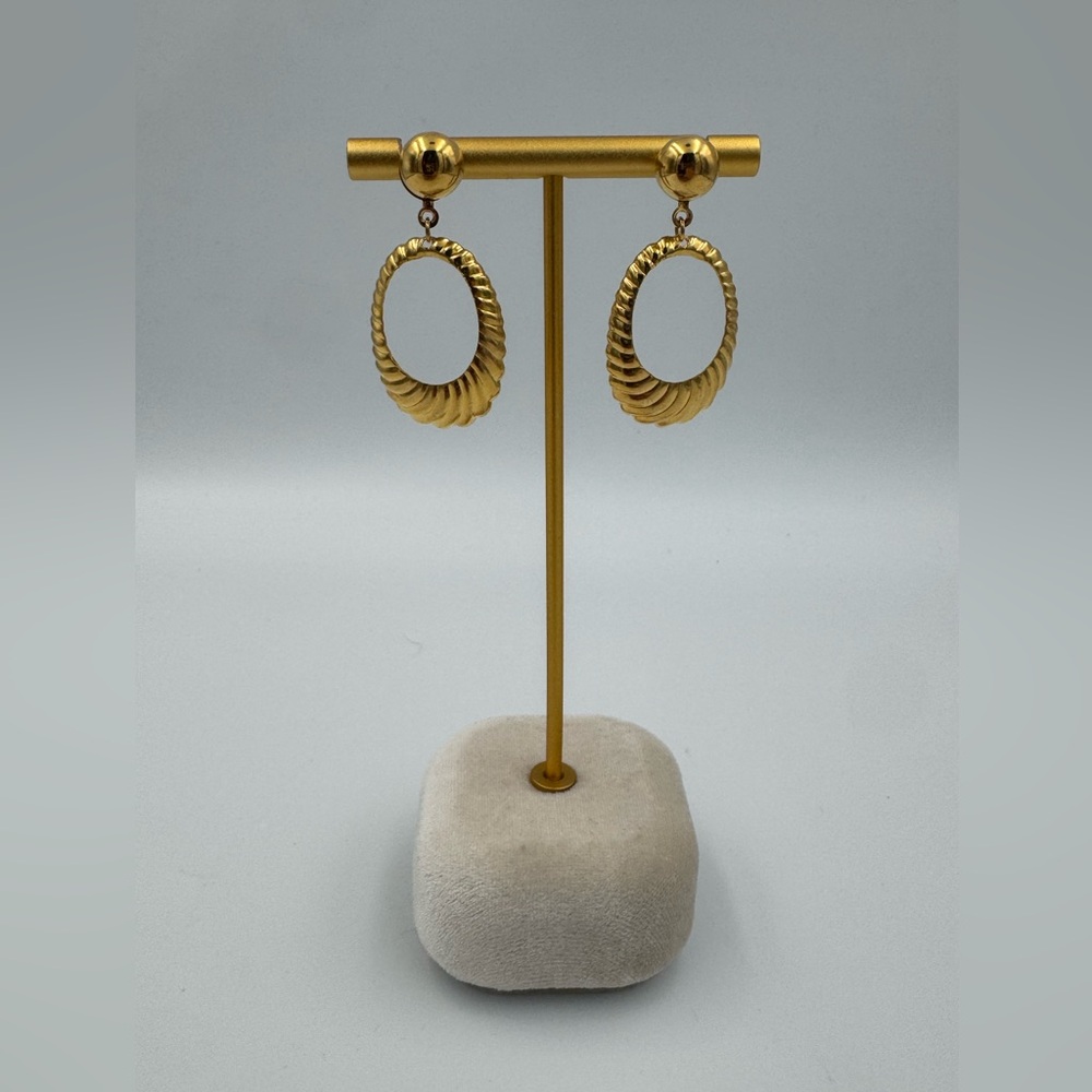 Vintage Gold Tone Ribbed Oval Drop‎ Dangle Earrings Statement Retro